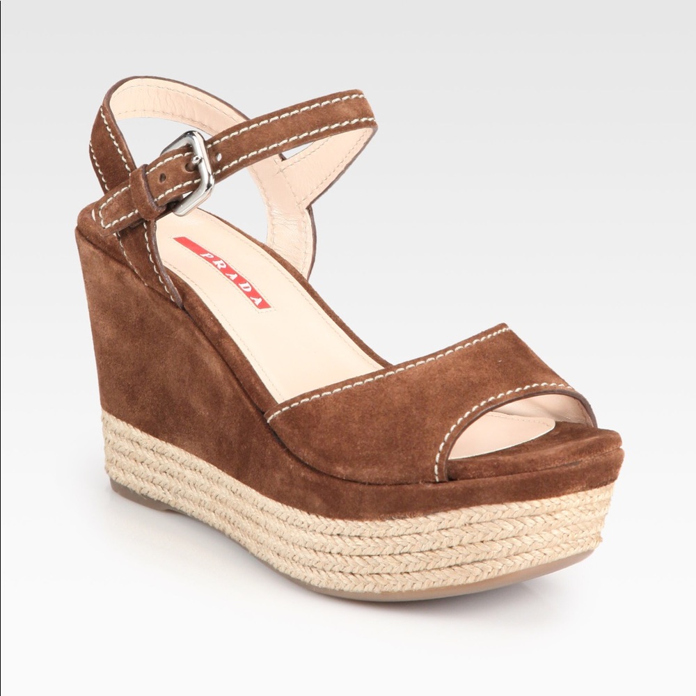 Prada Brown Suede Espadrille Wedge Sandals